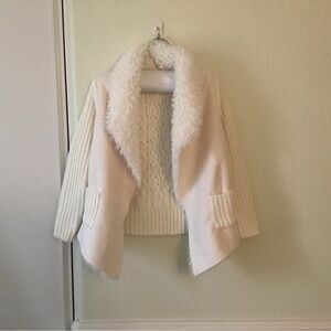 Girl’s Splendid Cream Knit Sweater with Faux Fur Trim